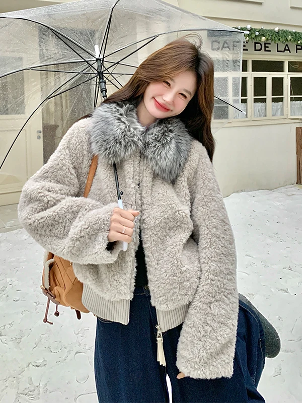 

Женская теплая куртка из овечьей шерсти с большим меховым воротником, повседневная, приталенная, с длинными рукавами, на молнии, с внутренней подкладкой из овечьего бархата