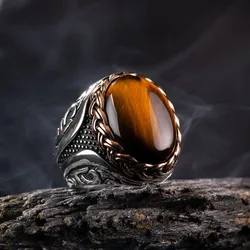 Brown tiger eye stone men and women retro new trend ring Turkish handmade spiral carving ring party niche jewelry