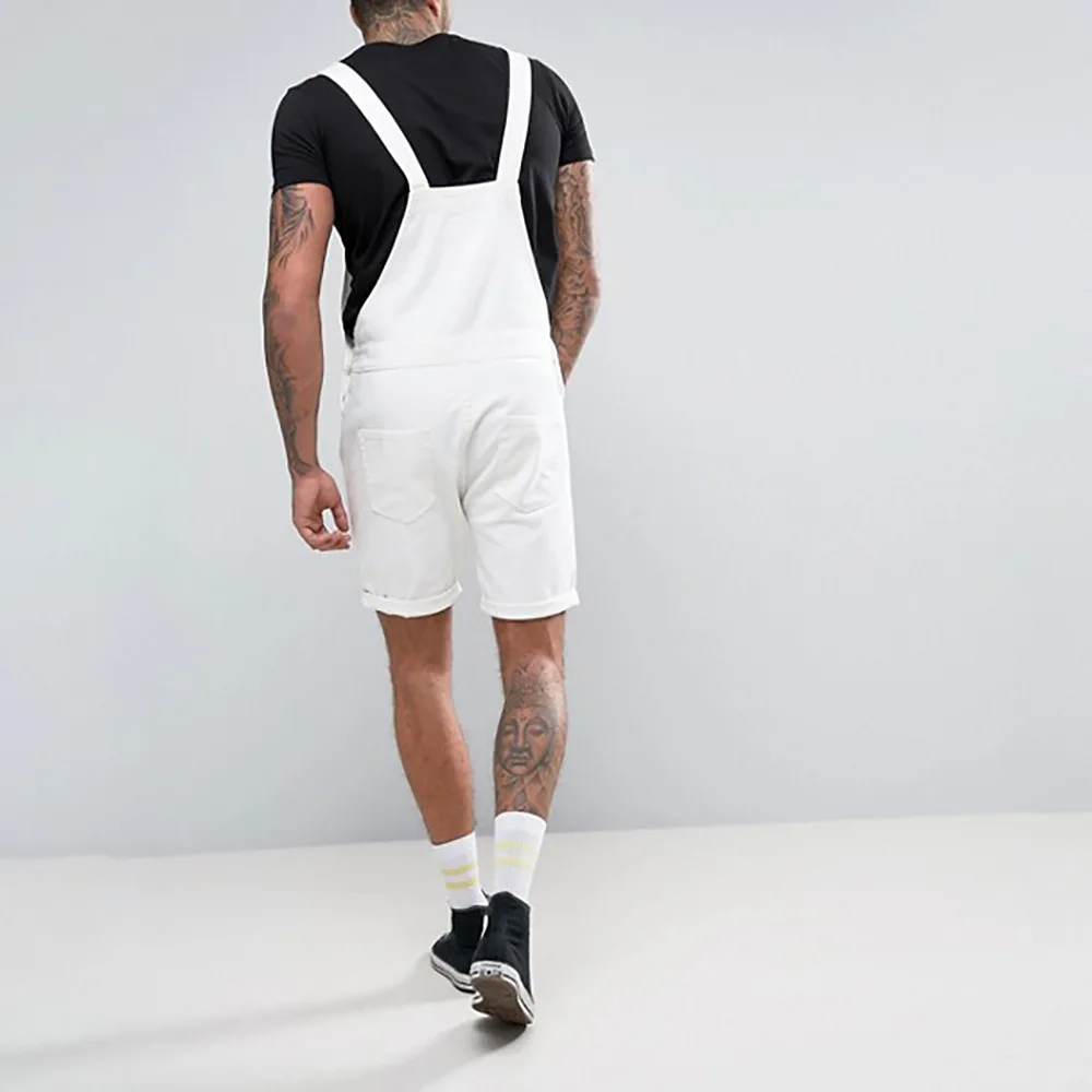 Vintage Men Jeans Denim Rompers White Shorts One-piece Overalls Suspenders Streetwear Men Jumpsuit