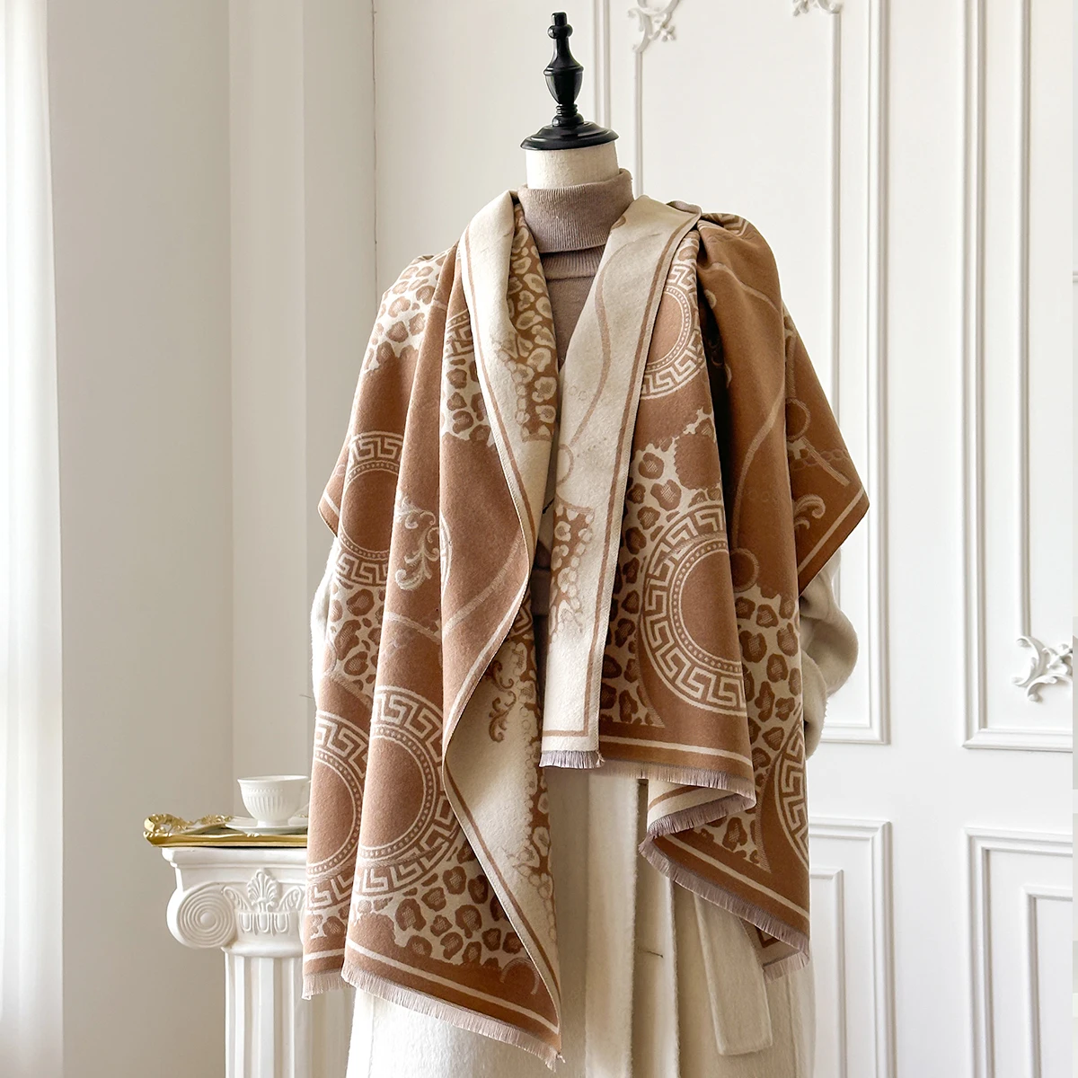 Neue Eleganz, zweiseitiger Jacquard-Pashmina-Schal, weich, warm, Wintermode, kalte, winddichte Schaldecke mit Fransen