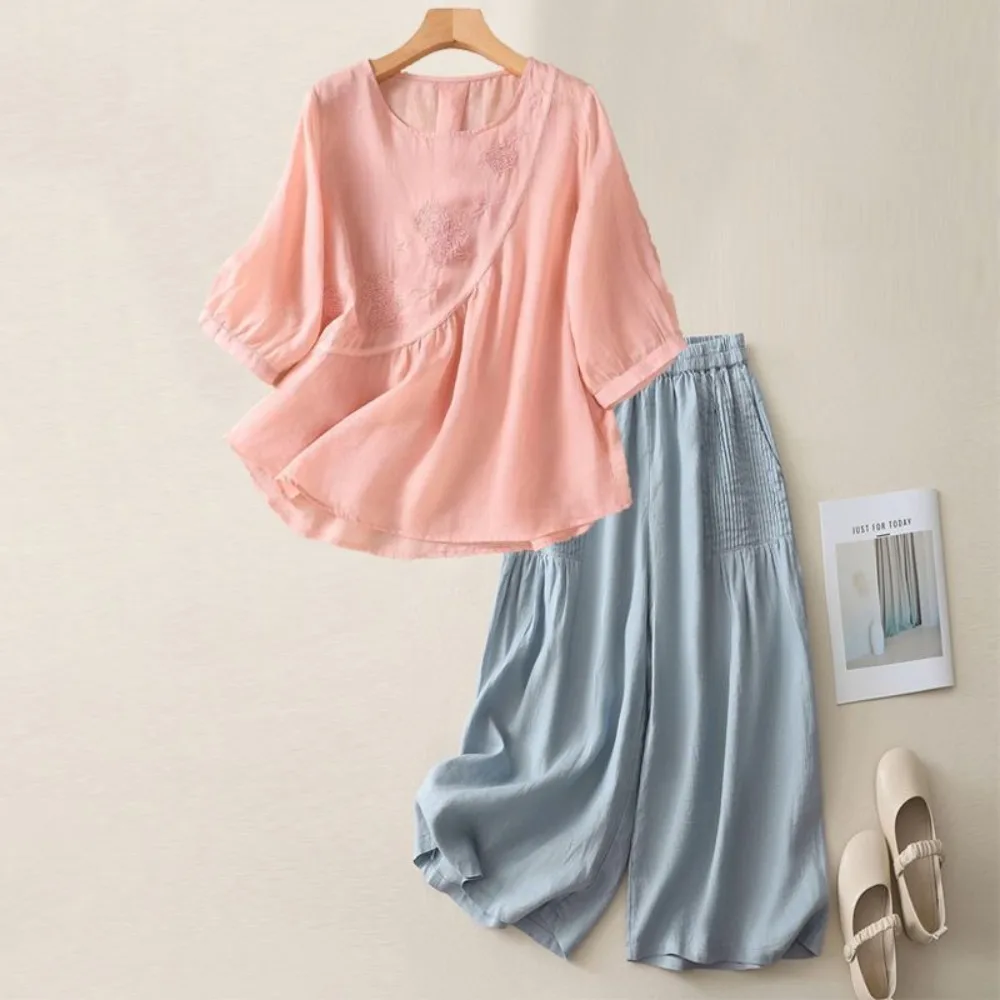 

Ethnic Style Cotton Linen Embroidery Casual Summer Traditional Chinese Clothing Vintage Clothes Sets Suit Women Clothing