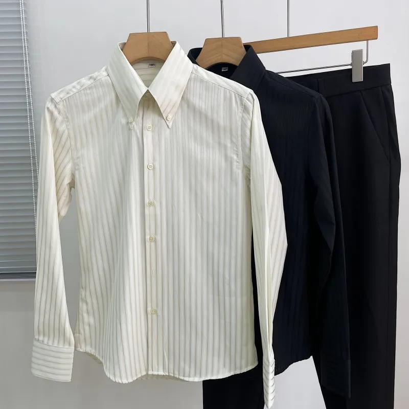 

Новинка 2023 года: итальянская рубашка в полоску с длинным рукавом, приталенного кроя, в британском стиле, с воротником, модная повседневная рубашка для мужчин.