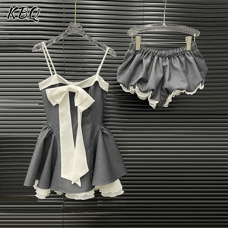 

KBQ Sweet Two Piece Sets for Women Square Collar Spliced Bowknots Backless Dresses High Wasit Shorts Temperament Set Female new