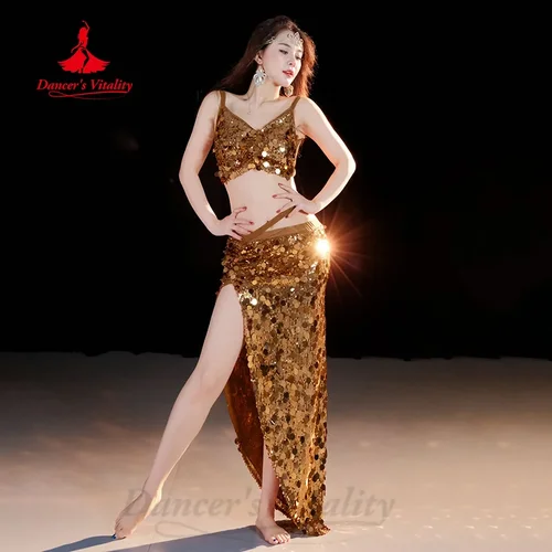 Imagen 2 del producto Traje de bailarina del vientre para mujer, conjunto avanzado de actuación de lentejuelas, ropa de práctica profesional de danza del vientre Oriental para niñas
