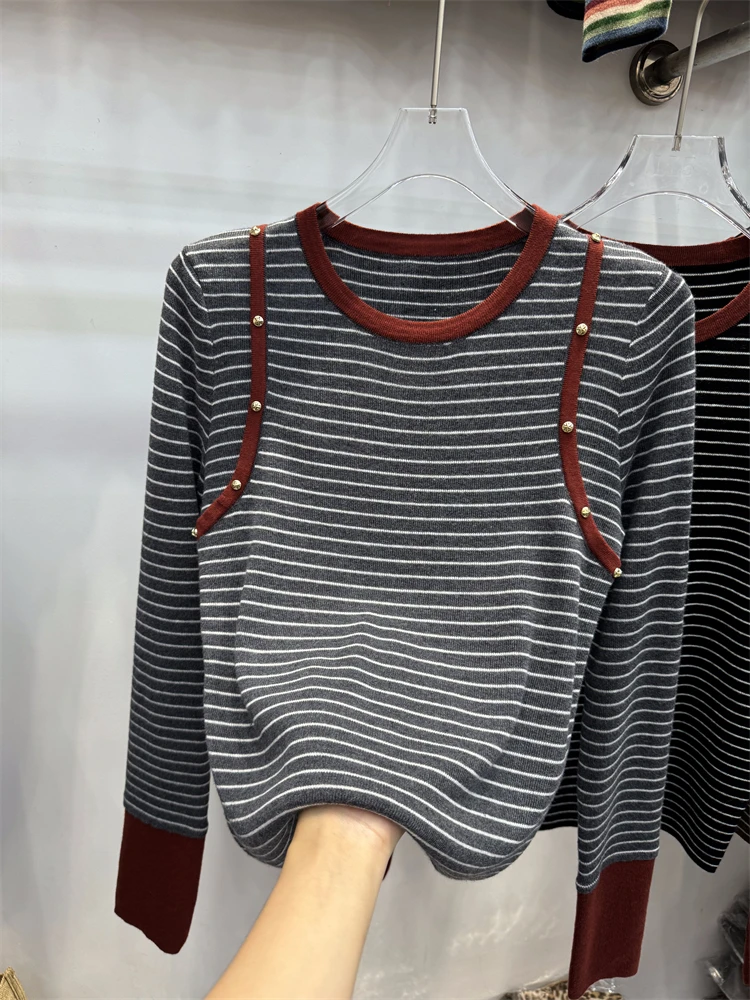

Loose Knitted round Ne Striped Women's Top Autumn Winter Faion Anti-Aging Base Layer Sweater Korean Sle Commute Wind