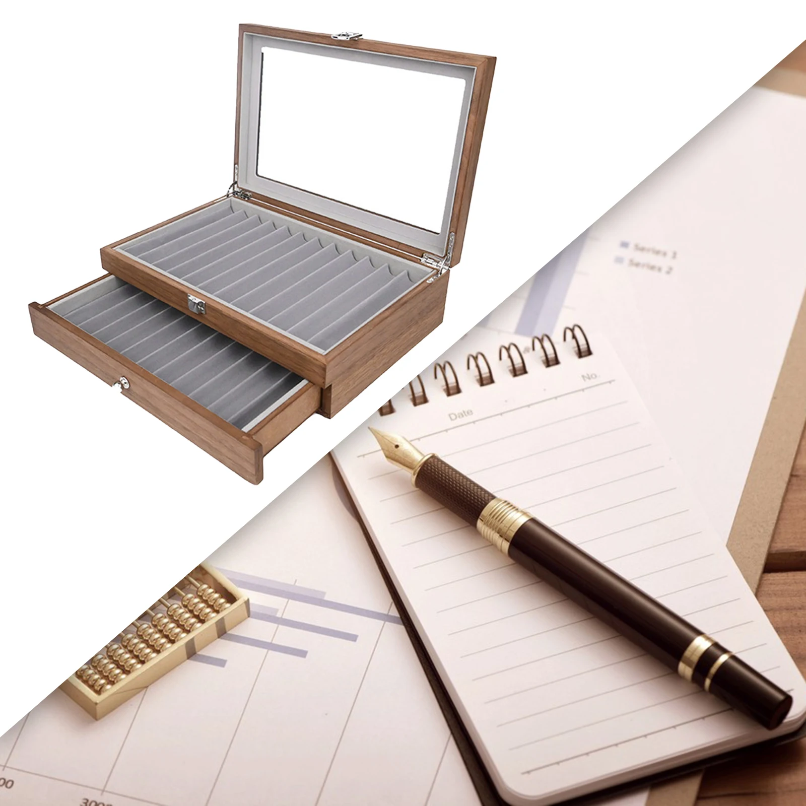 

2 Layer Pen Display Box with Glass Lid with Drawer Gift Wooden Pen Box Pen Case Pen Organizer Box for Home Party Shop Holiday