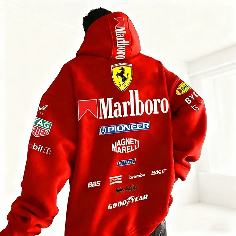 2025 Nuovi Appassionati di tute da corsa Ferrari F1 Casual 3D stampato Abbigliamento a maniche lunghe Felpa con cappuccio allentata da uomo di moda sportiva