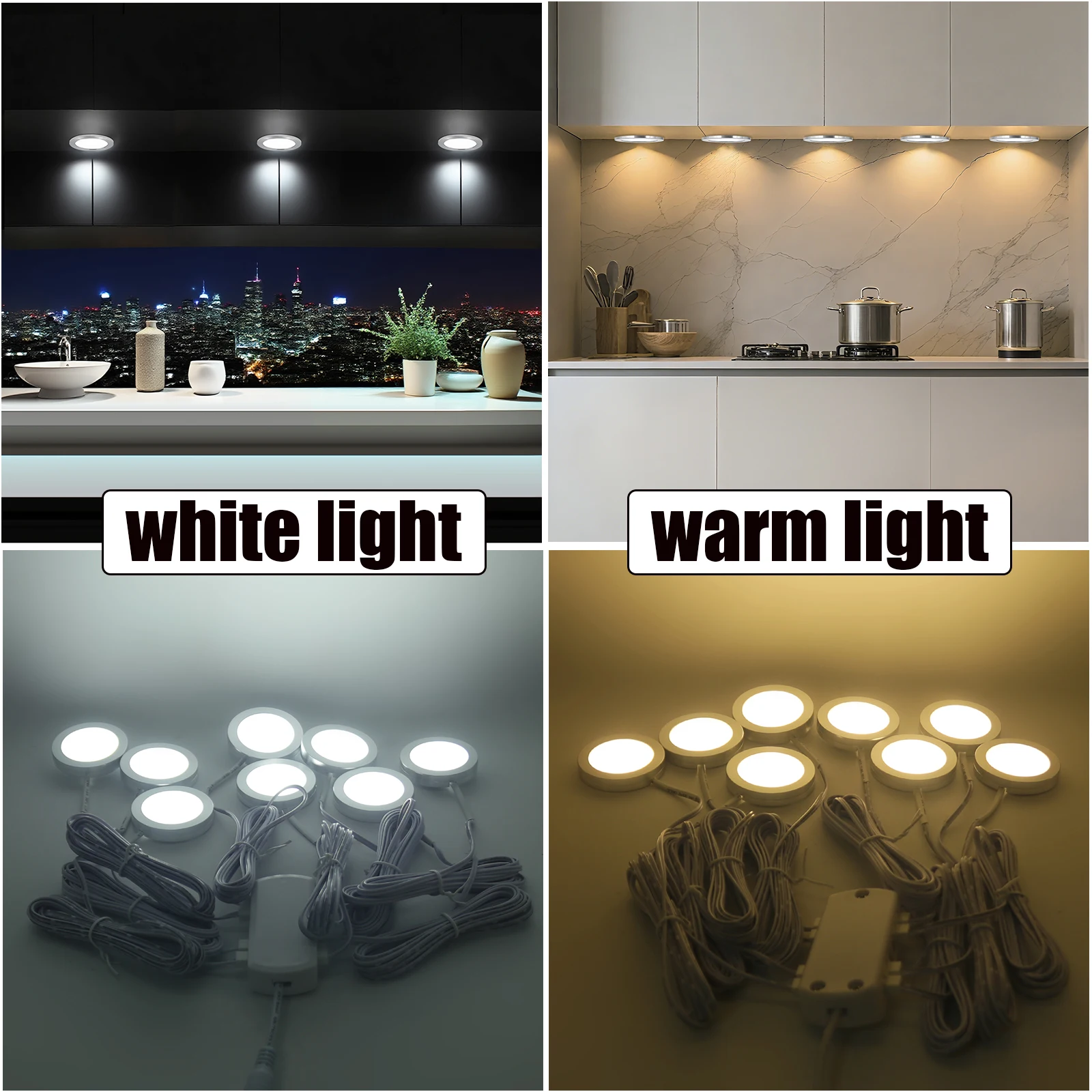 DC 12V Round LED Cabinet Light EU US UK Kit Warm/White Kitchen Counter Furniture Decor Lamp