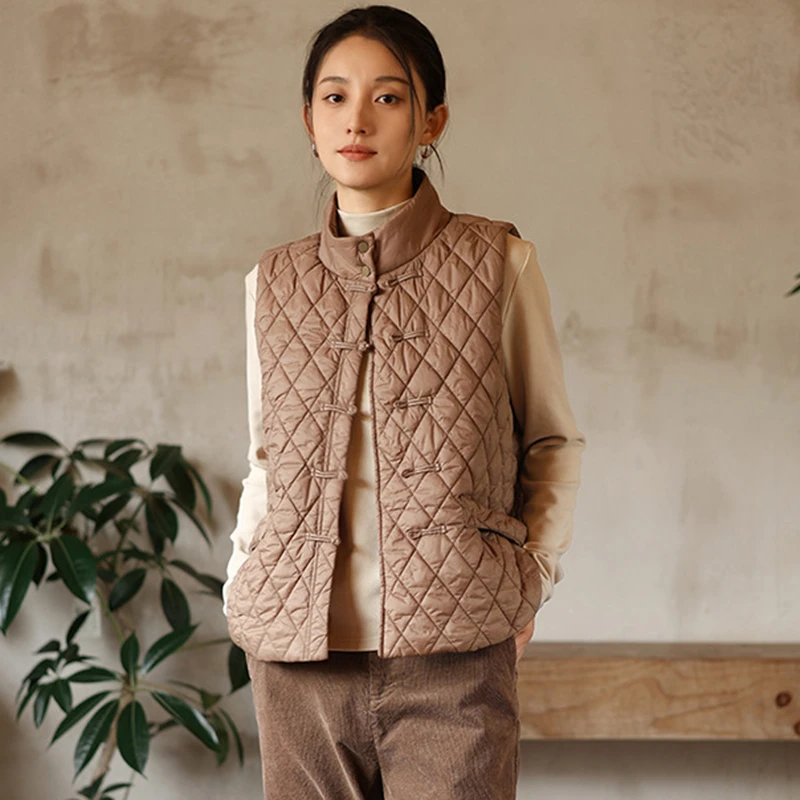 

Женский повседневный стеганый жилет, пальто, Новое поступление, осень 2025 года, винтажные женские куртки без рукавов с воротником-стойкой в китайском стиле M2023