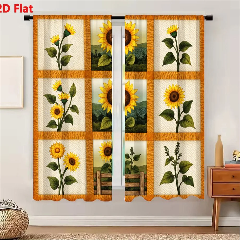 2Pcs Curtains 2D Flat Sunflower Themed 3x3 Grid Illustrations With Orange Textured Borders Cream Fabric Background Rustic Countr