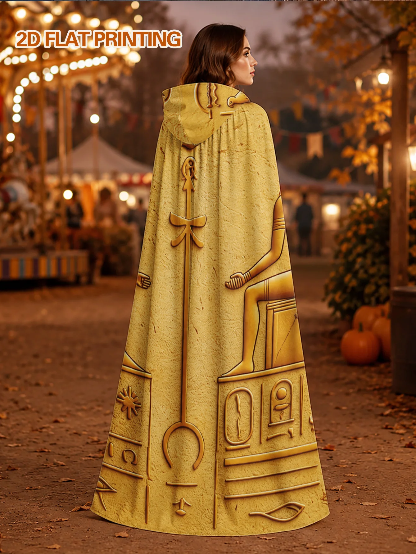 Customization 1pc, Full Length Polyester Hooded Cloak With Ancient Egyptian Relief Art Print, Adult Costume Robe For Halloween view 6