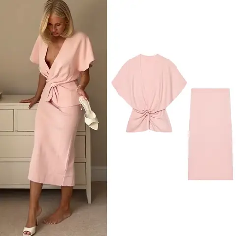 HipSeam Women's Autumn Suit Set New 2026 Draped Knit V Neck Short Sleeve Tops Elastic Waist Skirt 2 Piece Set Women Outfit