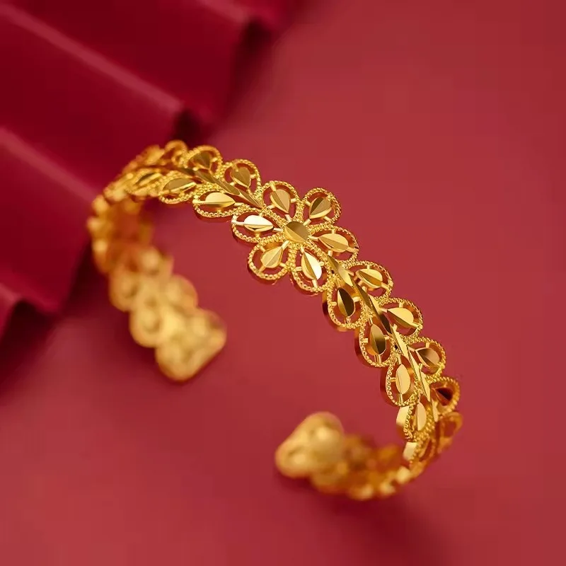 

AU999 24K Gold Hollow Leaf Bangle | Gradient matte leaves with diamonds, vine - engraved band, vintage & luxurious