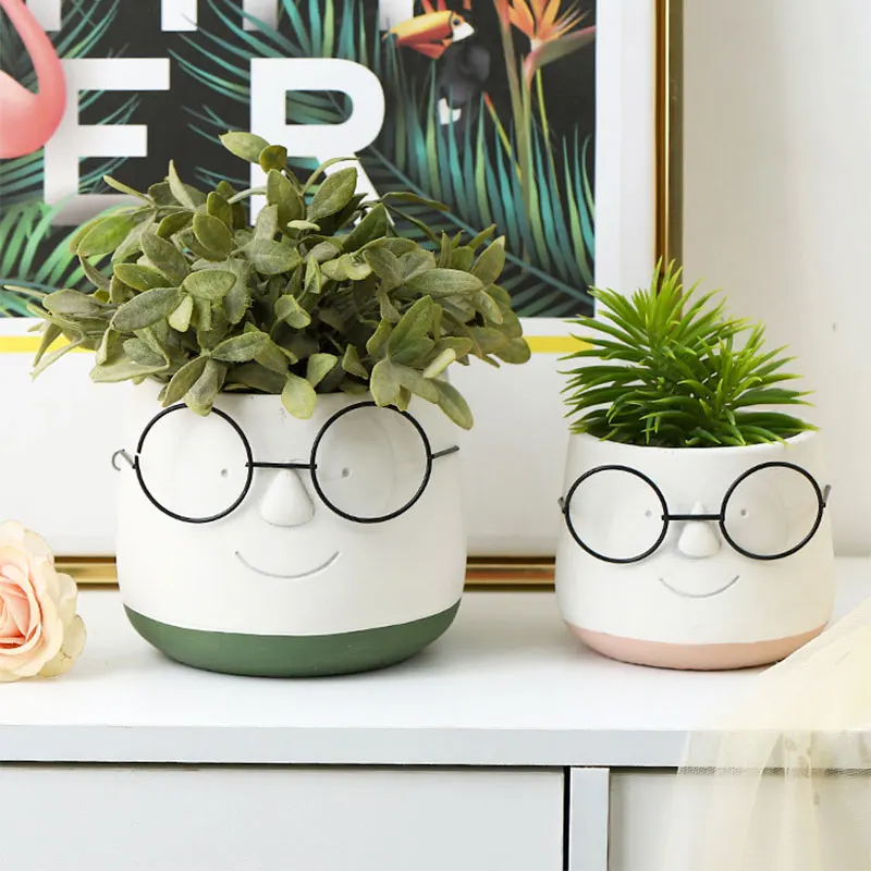 

Nordic Ins Literary Cute Glasses Boy Cement Flower Pot With Tray Simple Succulent Home Garden Green Radish Potted Plant