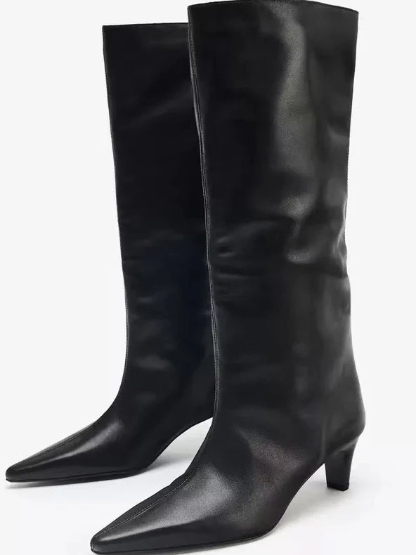 ZAKQ2025 Winter New Women's Boots Black Pointed Toe Thick Heel Straight Long Boots Long Tube Knight Boots Women Fashion Boots