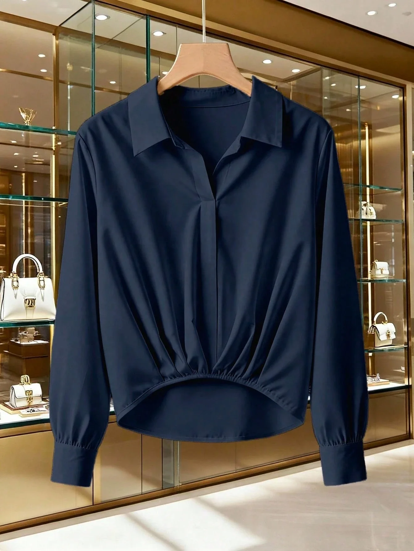 

Темно-синяя блузка больших размеров с рукавами-фонариками, элегантная офисная рубашка с А-образным подолом