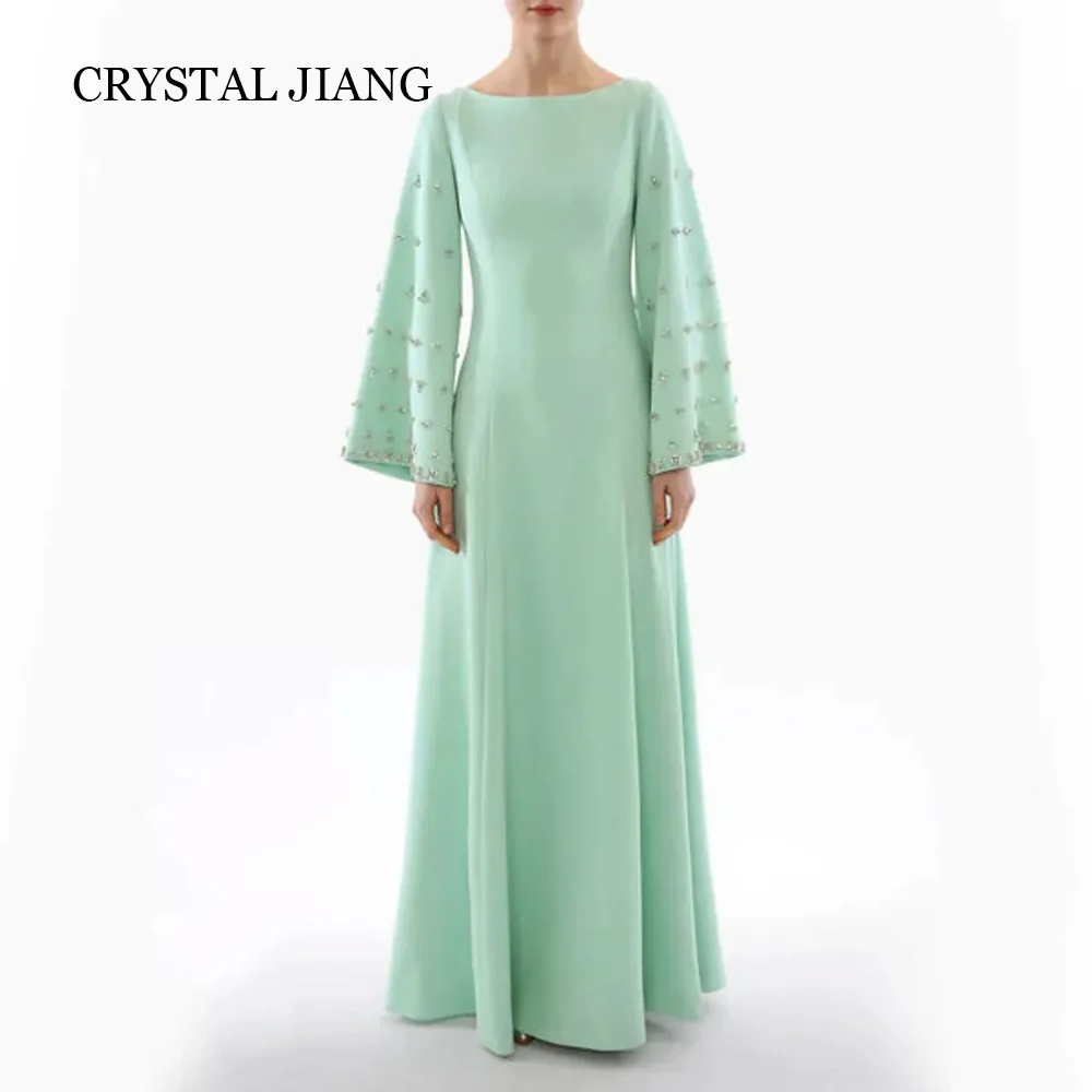 

Classy Long Green O Neck Beaded Satin Evening Dresses Full Sleeves A Line Floor Length Vestidos Para Eventos Especiales