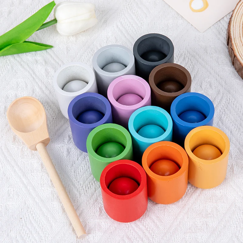 Wooden Spoon Cup Montessori Toy For Children Rainbow Sorter Fine Motor Skill Sensory Balance Games Early Education Toys