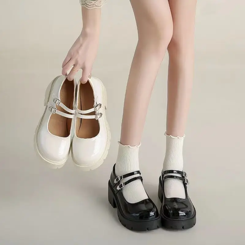 off white two strap Shallow mary jane shoes  patent leather cute platform lug loafers kawaii elegant shoes women non slip oxford