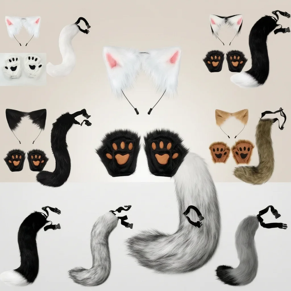 Fox Ears Tail Gloves Set Plush Furry Animal Costume Accessory For Cosplay Halloween Party Performance