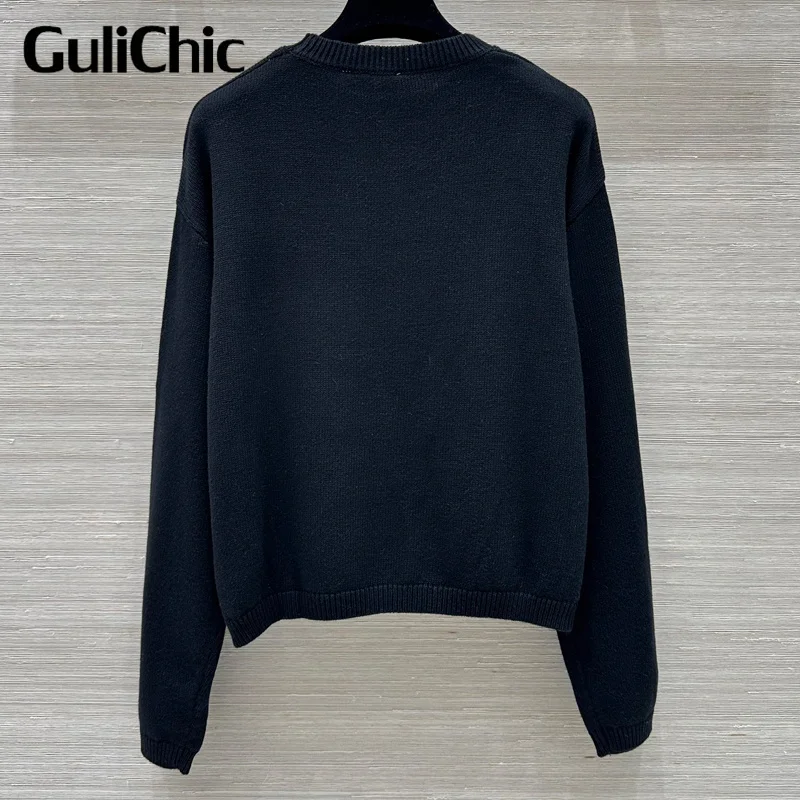 9.6 GuliChic 2024 New Women Sweet Temperament Elegant Wool Sweater 3D Flower Embroidery Long Sleeve Casual Knitwear