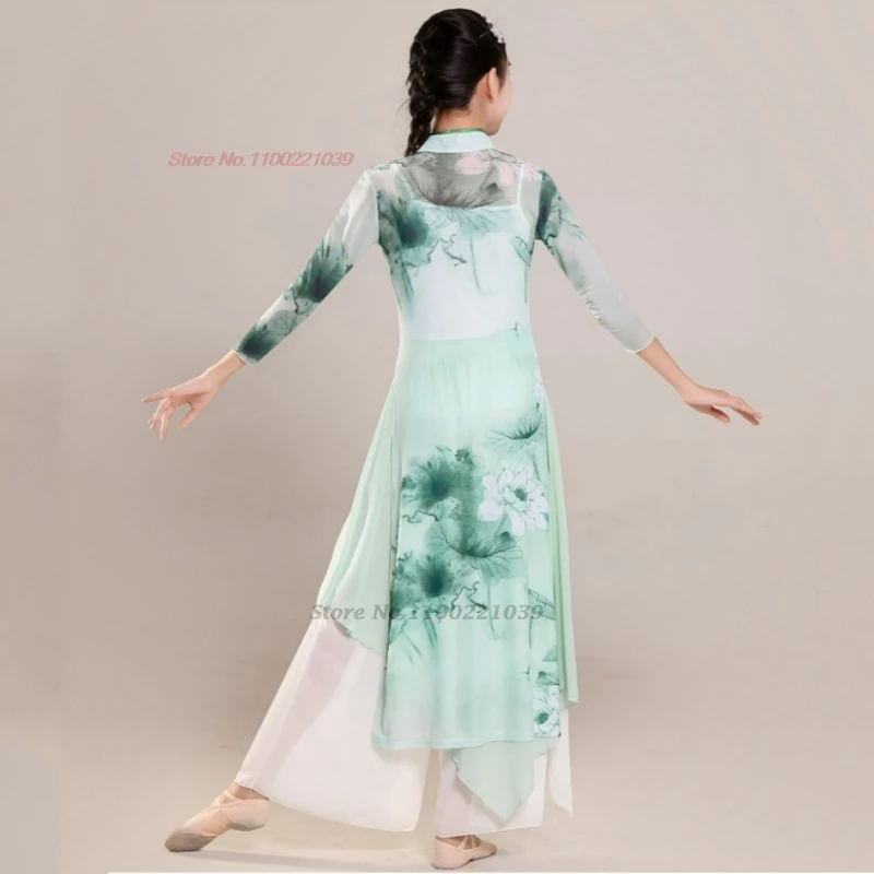 2025 Chinese vintage kinderen volksdans kostuum bloemenprint mesh qipao + broek set vintage jurk podiumvoorstelling kostuum