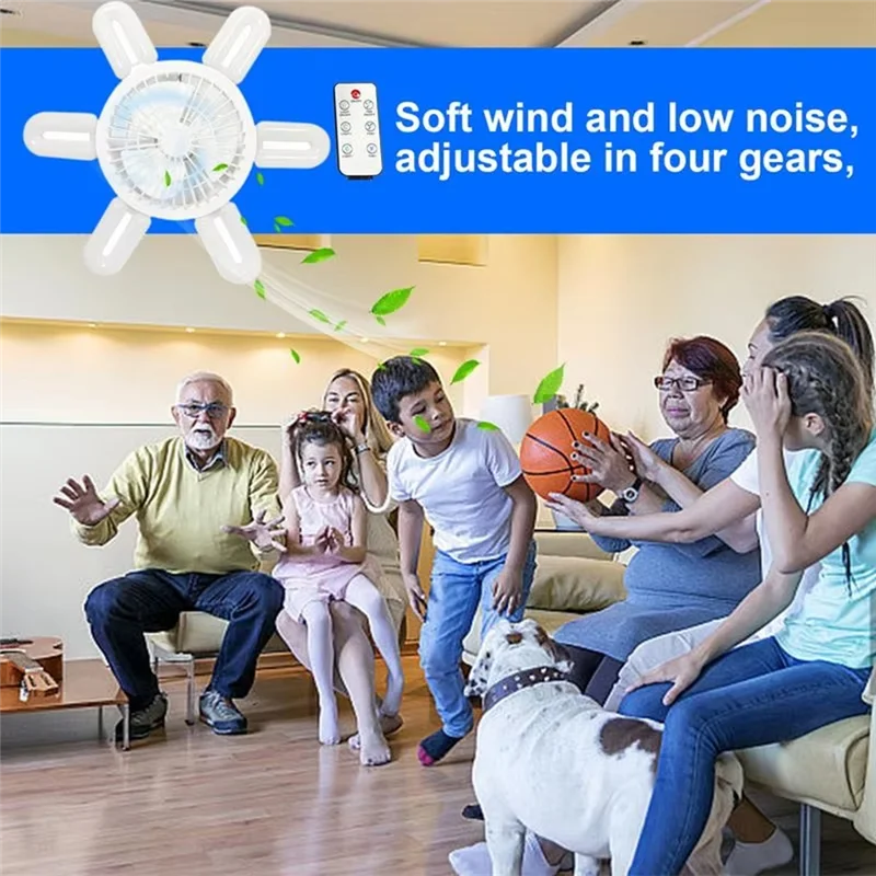 B58B-مقبس مروحة ضوء مراوح السقف الصغيرة قابل للتعديل سرعات للطي ورقة مصباح مع جهاز التحكم عن بعد 3 ألوان عكس الضوء LED لمبة