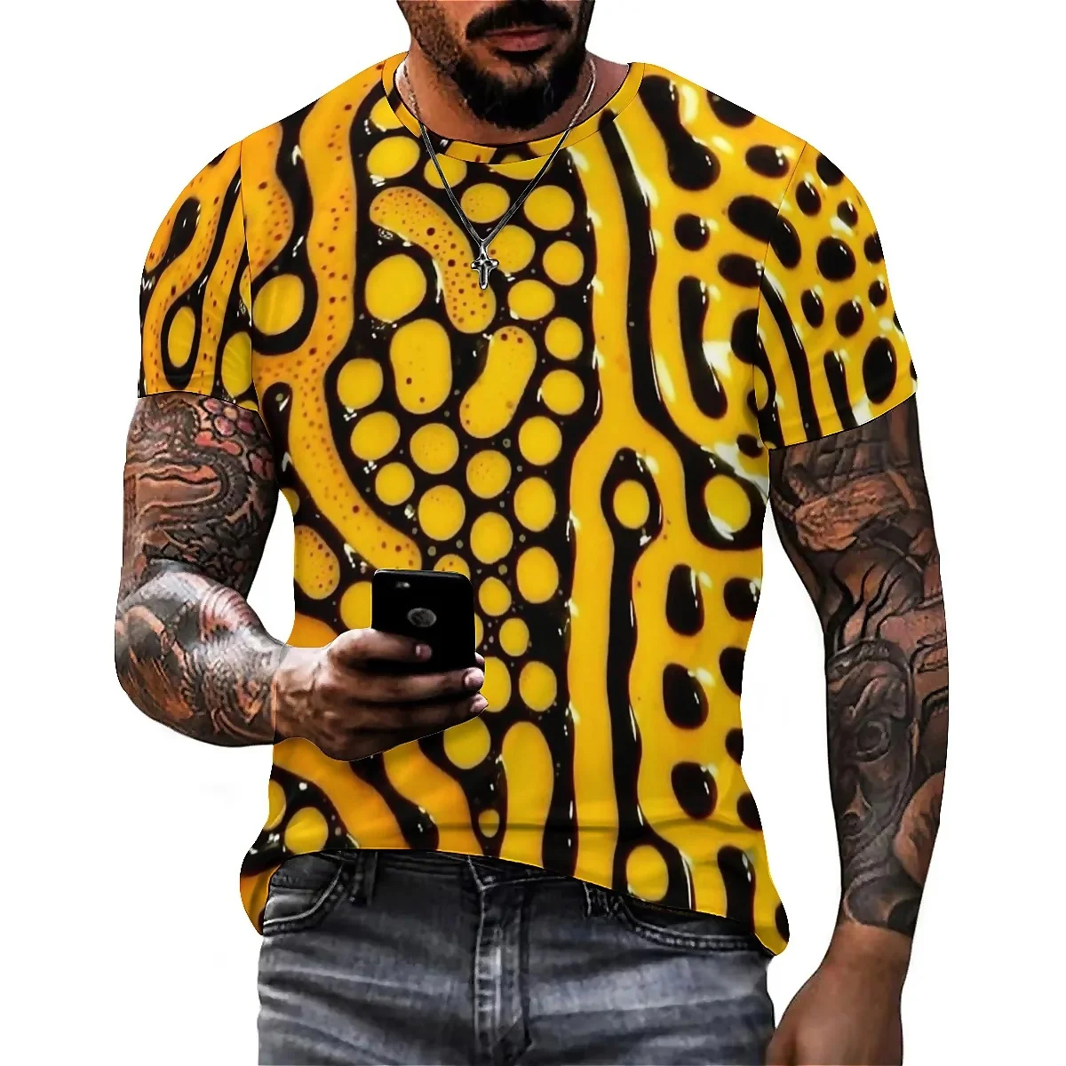 Men's Color-Block Splatter 3D Printed Short-Sleeve T-Shirt - Printed Top, Crew Neck