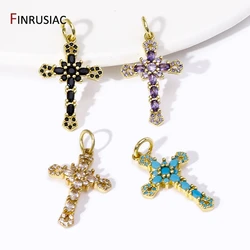 DIY 18K Gold Plated Brass Zircon Cross Charms For Handmade Christmas Religious Pendant Necklace Jewelry Making Accessories