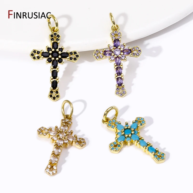 DIY 18K pozłacany mosiądz cyrkonia krzyż Charms na ręcznie robiony świąteczny wisiorek religijny naszyjnik akcesoria do wyrobu biżuterii
