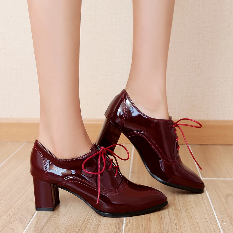 Elegant Spring Fashion Pumps Women Ankle Boots Block Heels Oxford Shoes Casual PU Leather Black Red Loafer Shoe Lady Big Size 50