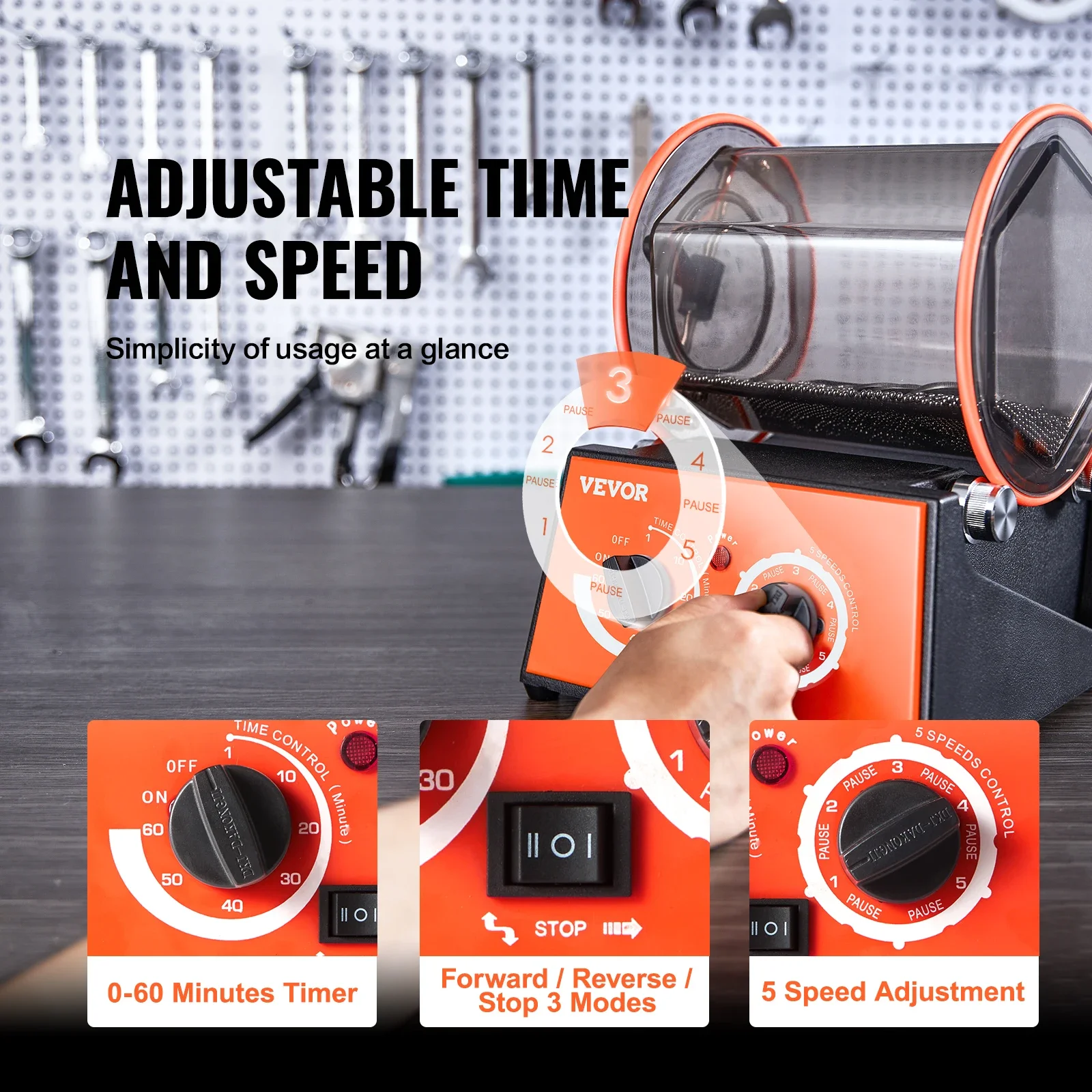 SIHAO 3 /5kg Jewelry Polisher Rotary Tumbler Surface Polishing Machine 500-3000rpm with Timer Knob Mini-Tumbler Finishing Tool