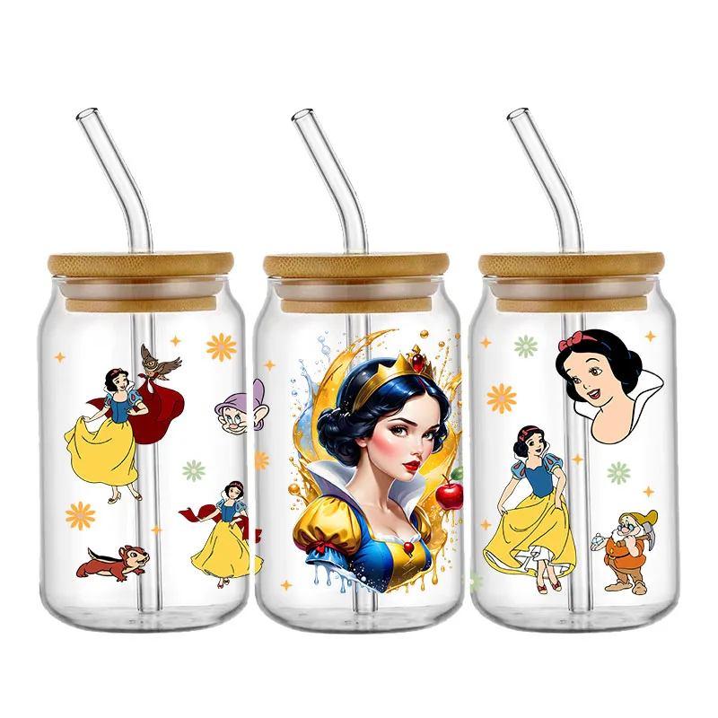 White Snow Princess Love Pattern UV DTF Transfer Sticker Waterproof Transfers Decals For 16oz Glass Cup Wrap Stickers