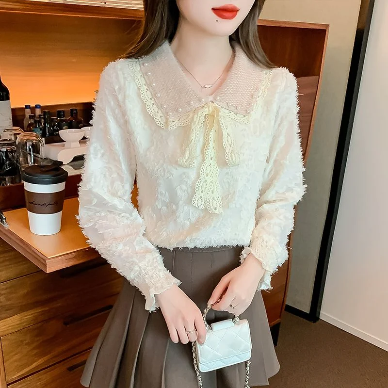 

Тонкая/толстая осенне-зимняя новая Корейская кружевная рубашка с кукольным воротником Модный Топ с длинным рукавом