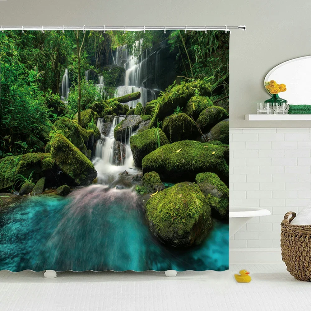 Suburban Bamboo Shower Curtain Waterfall Bathroom Curtain Mountain Landscape Bathroom Waterproof Fabric Decorative With Hooks