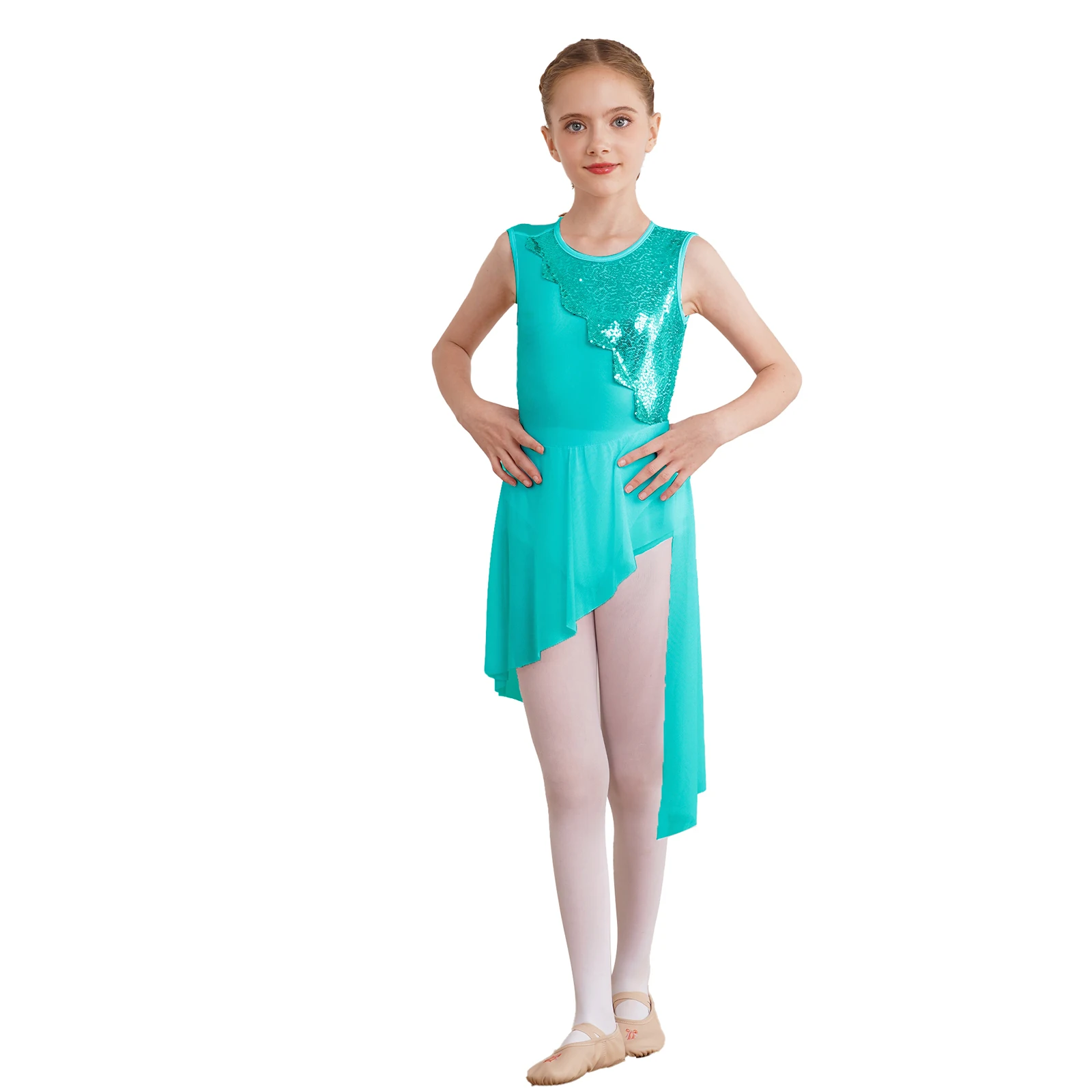 Girls Sequined Ballet Dance Dress Sleeveless Ballet Leotard Figure Skating Jersey Gymnastics with Tulle Skirts Ballerina Costume