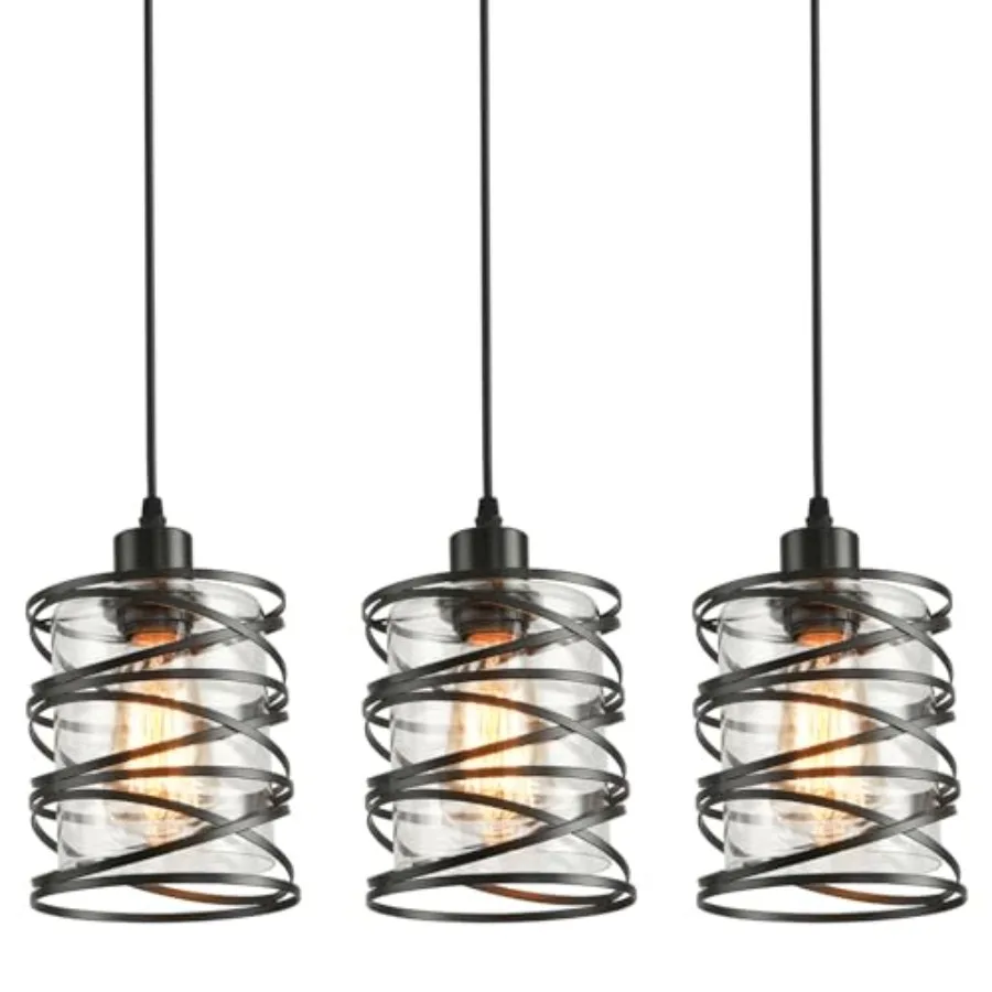 

Pendant Light Kitchen Island Pendant Lighting, Glass Hanging Light with Spiral Cage Clear Glass Shade, Black Modern Indoor Hang