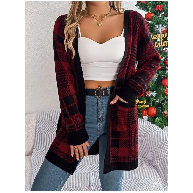 

Новый женский осенне-зимний Повседневный Кардиган с контрастными карманами и длинными рукавами, свитер, куртка, Рождественская женская одежда