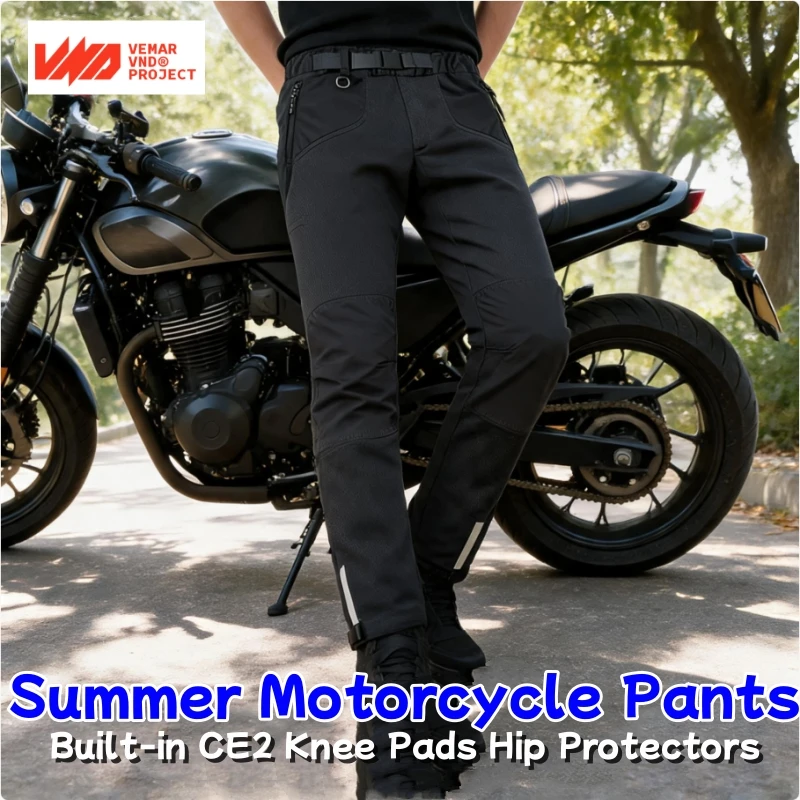 VND Men Summer Mesh Motorcycle Trousers Anti-drop Long-Distance Touring Moto Riding Pants with CE2 Certified Hip Guard&Knee Pads