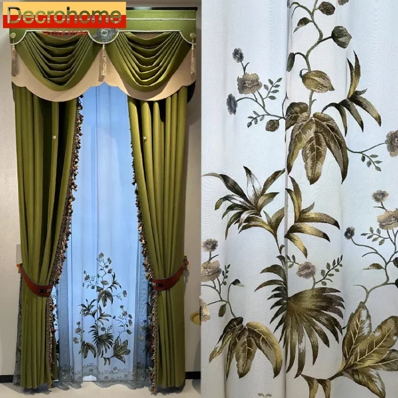 

New Chinese Embroidered Window Screen Matcha Green Velvet Lace Splicing Thickened Curtains for Living Room Bedroom French Window