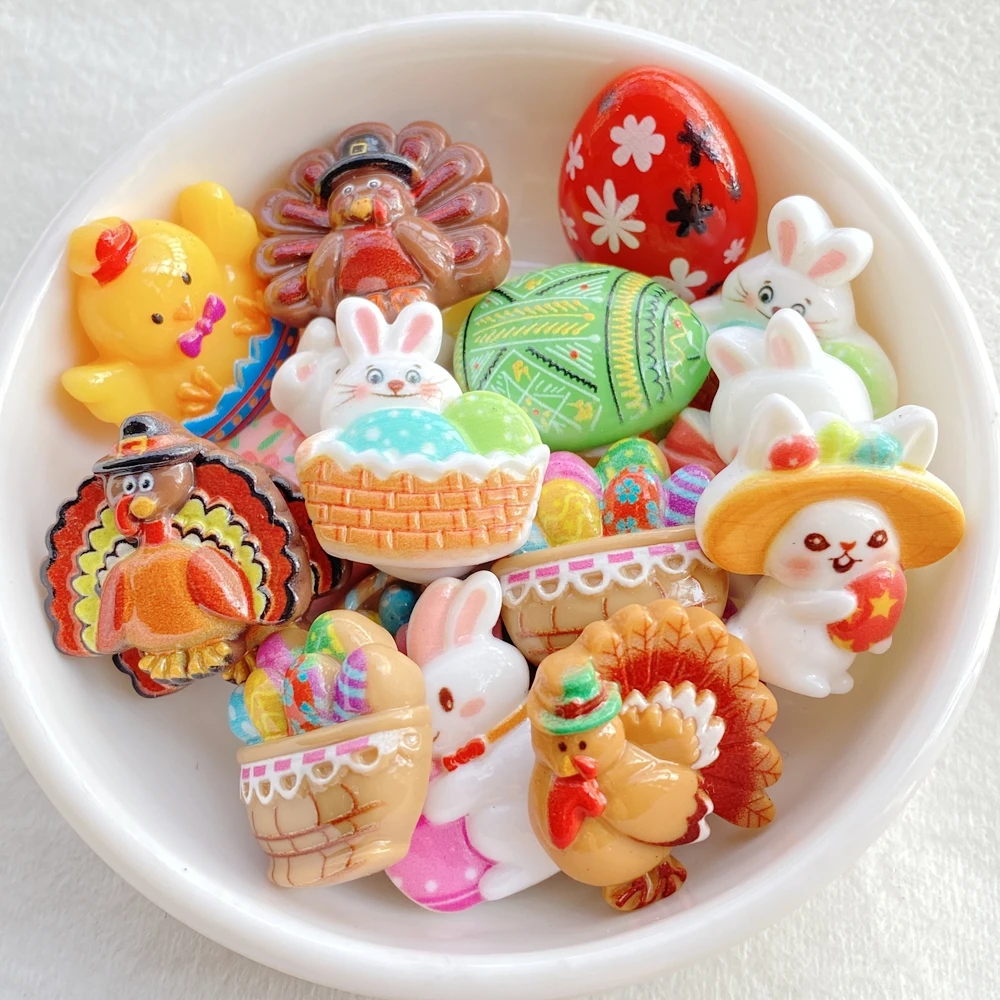 10PCS Resin Cartoon Easter Bunny Chicks Eggs Flatback Stones for DIY Jewelry Hair Bow Scrapbook Crafts Decorative Figurines