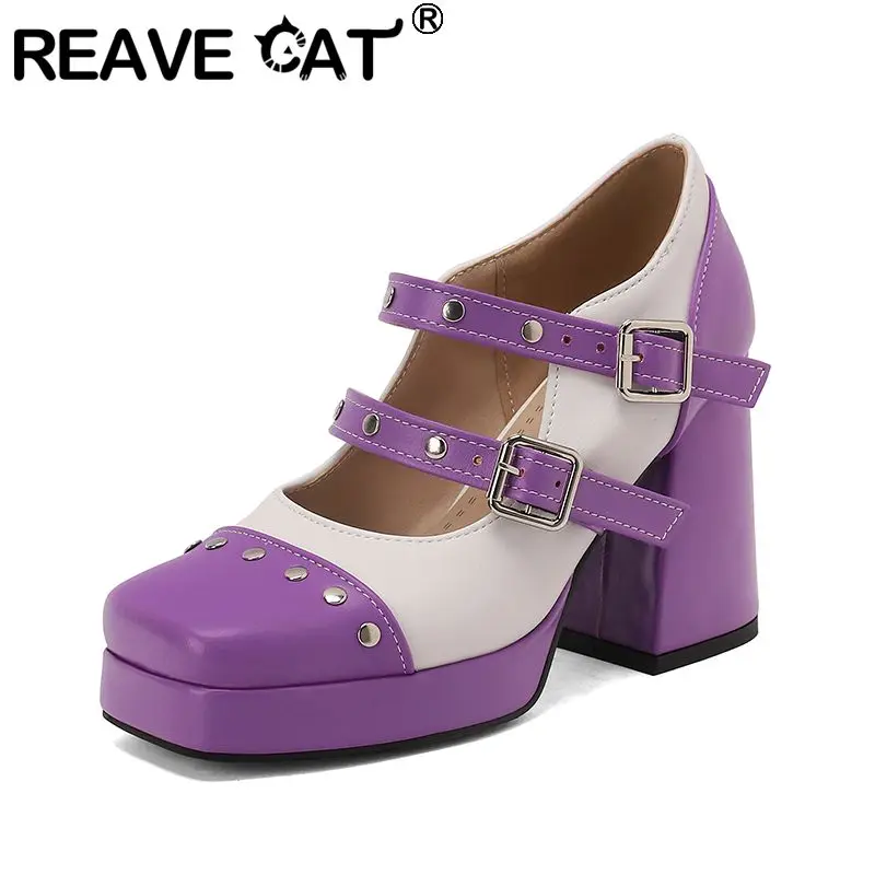 

REAVE CAT Green Flock Suede Women Pumps Pointed Toe 8cm Chunky Heels Lace Up Mixed Color Large Size 41 42 43 Office Lady Shoes