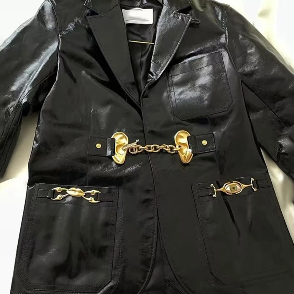 Twotwinstyle temperamento sólido blazers para mulher com decote em v manga longa bolsos emendados outono chique jaqueta estilo feminino kj550011