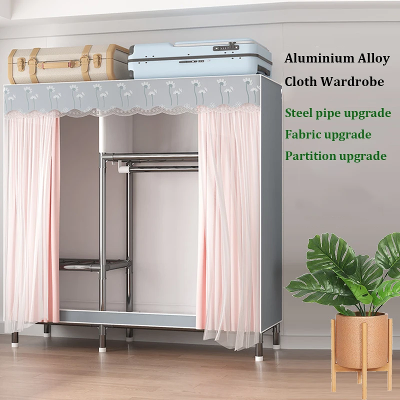 Simple Sturdy Cloth Wardrobe With Gauze Curtain Bedroom Clothes Storage Hanger Home Furniture Cabinet Easy Install Closet