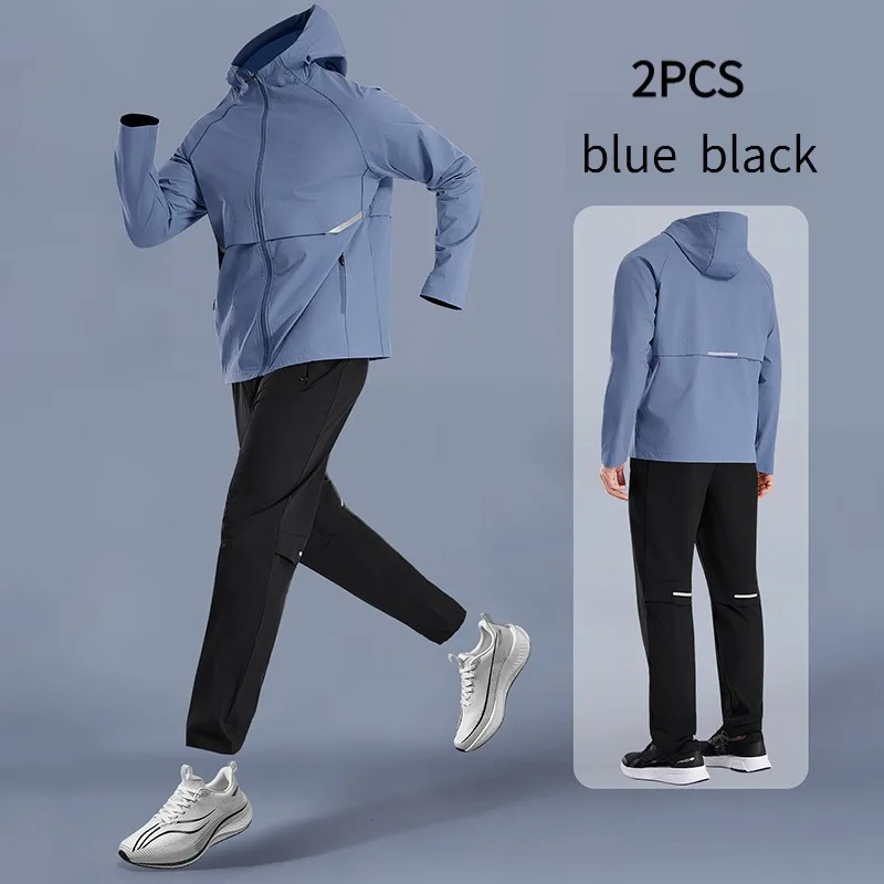 2-PCS Men's Spring Hooded Quick Dry Jacket Running Suit Professional Breathable Training Wear Sweat Absorbent Fitness Long