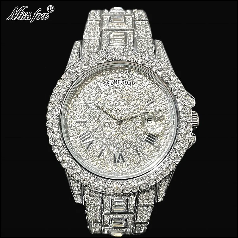 MISSFOX Luxury Watches Mens Automatic Date Week AAA Quartz Clocks Hip Hop Iced Diamond Waterproof Wrist Watch Mans Rolej Hombre