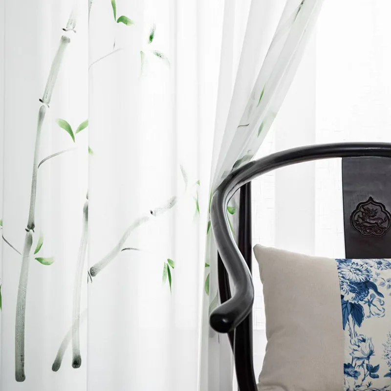 New Chinese Curtains for Living Dining Room Bedroom Hand-painted Chiffon Printing Translucent Impermeable Cotton and Linen