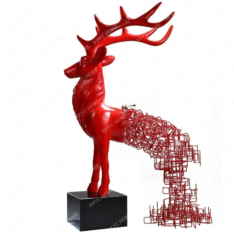 Welcome floor-to-ceiling ornament, large-scale creative fiberglass sika deer sculpture, hotel lobby decoration