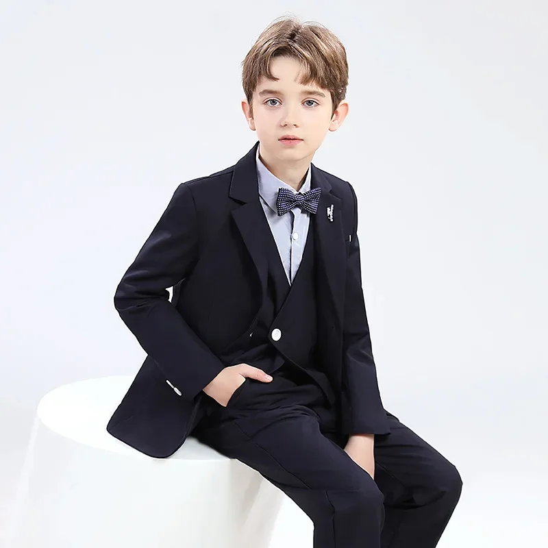 Boys Navy blue Slim Fit Suits Formal Wear Children Teenager Best man Host Performance Clothes Kids Students Party Full Dress