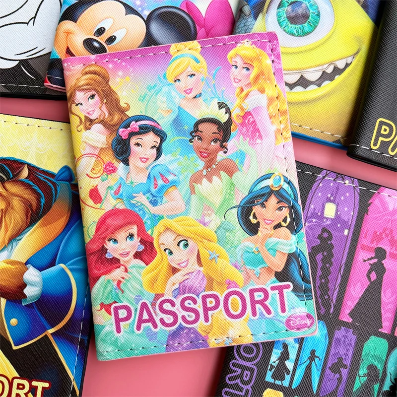 Disney Princess Passport Cover para meninos e meninas, caso multifuncional, organizador do cartão de crédito, titular do passaporte, ID Card,